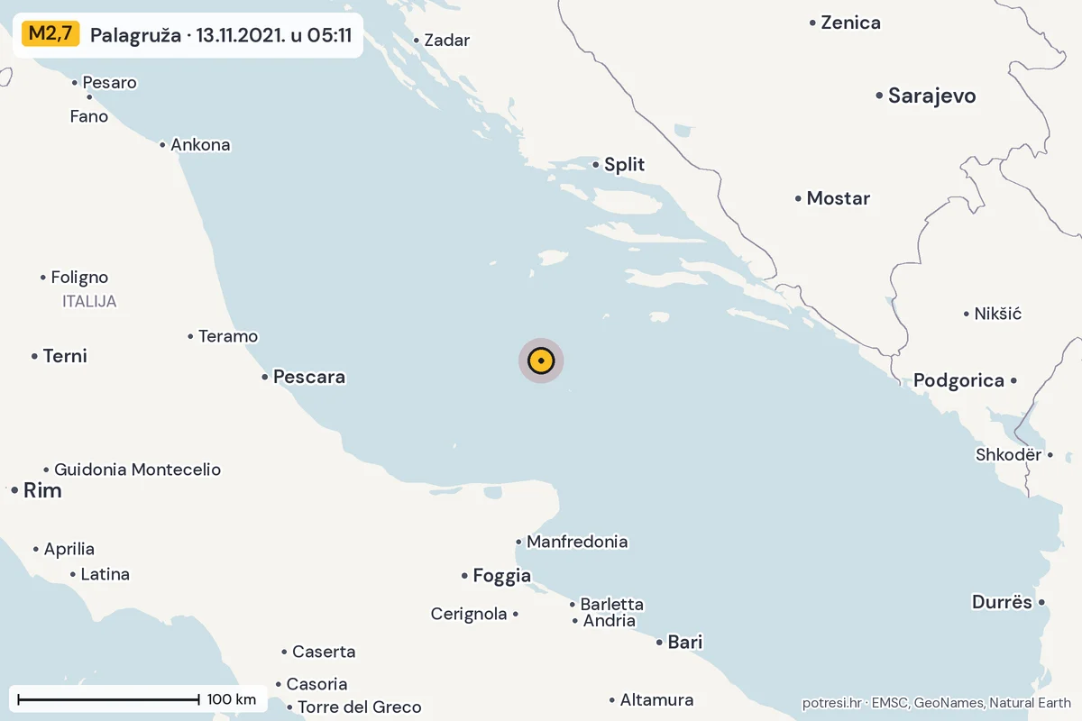 Karta: šire područje, 600 km, potres M2,7, Palagruža, 13.11.2021.