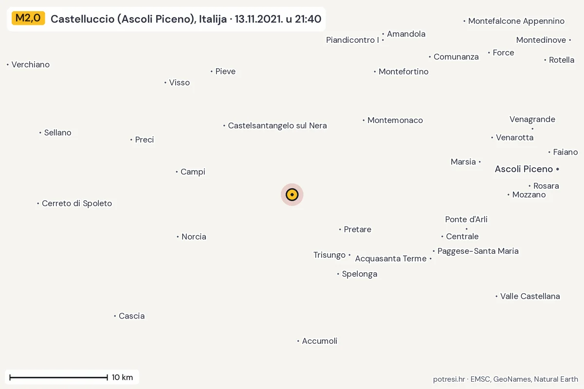 Karta: okolica epicentra, 60 km, potres M2,0, Castelluccio (Ascoli Piceno), Italija, 13.11.2021.