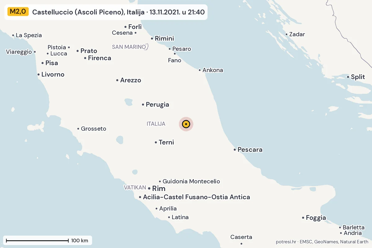 Karta: šire područje, 600 km, potres M2,0, Castelluccio (Ascoli Piceno), Italija, 13.11.2021.