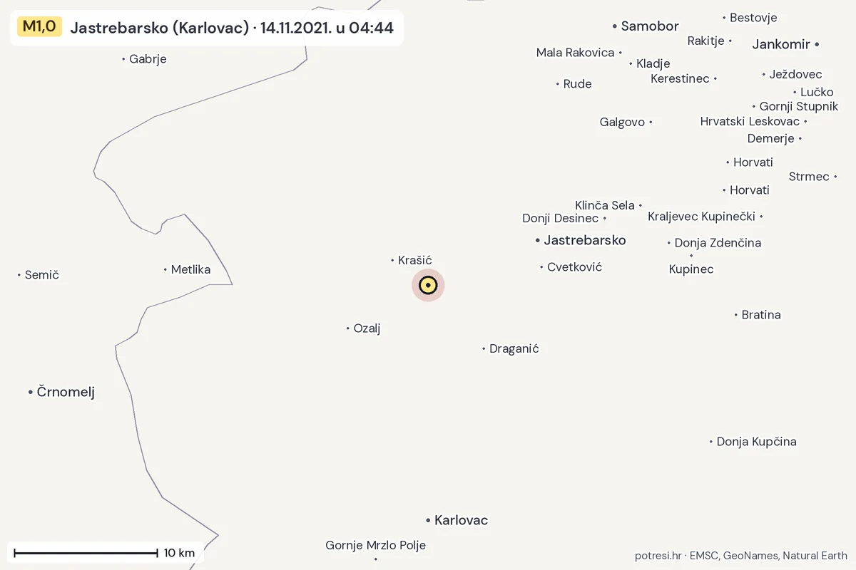 Karta: okolica epicentra, 60 km, potres M1,0, Jastrebarsko (Karlovac), 14.11.2021.