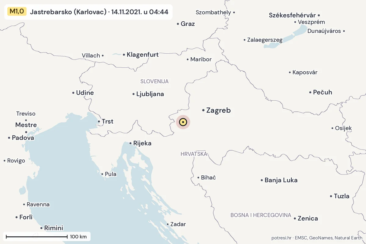 Karta: šire područje, 600 km, potres M1,0, Jastrebarsko (Karlovac), 14.11.2021.