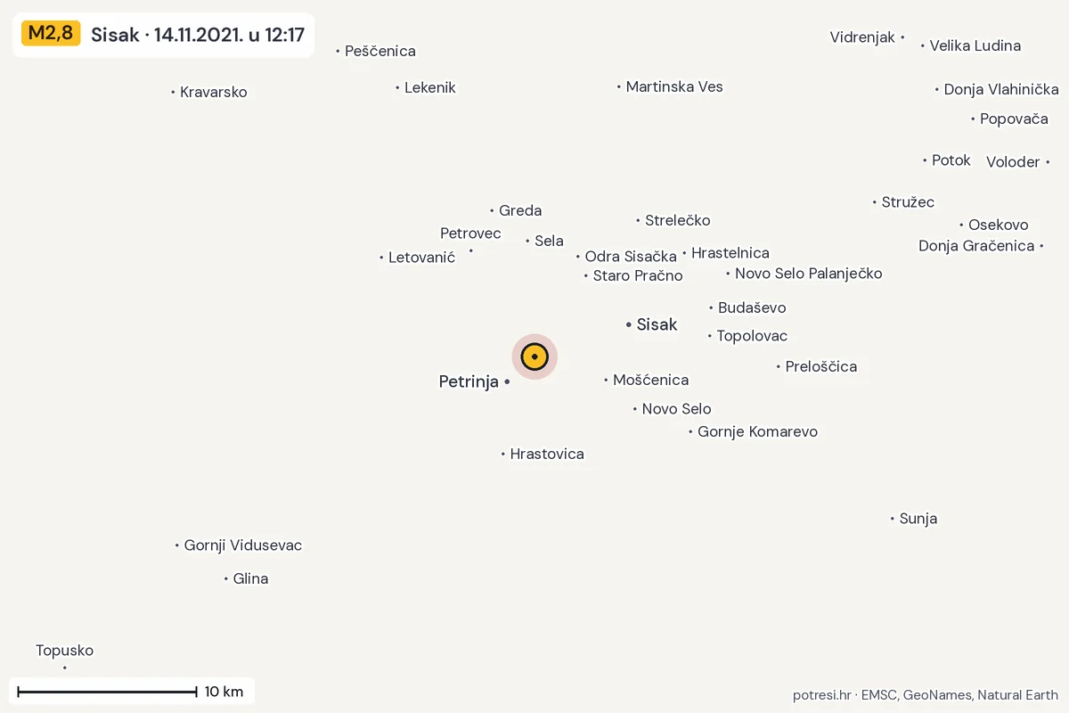 Karta: okolica epicentra, 60 km, potres M2,8, Sisak, 14.11.2021.