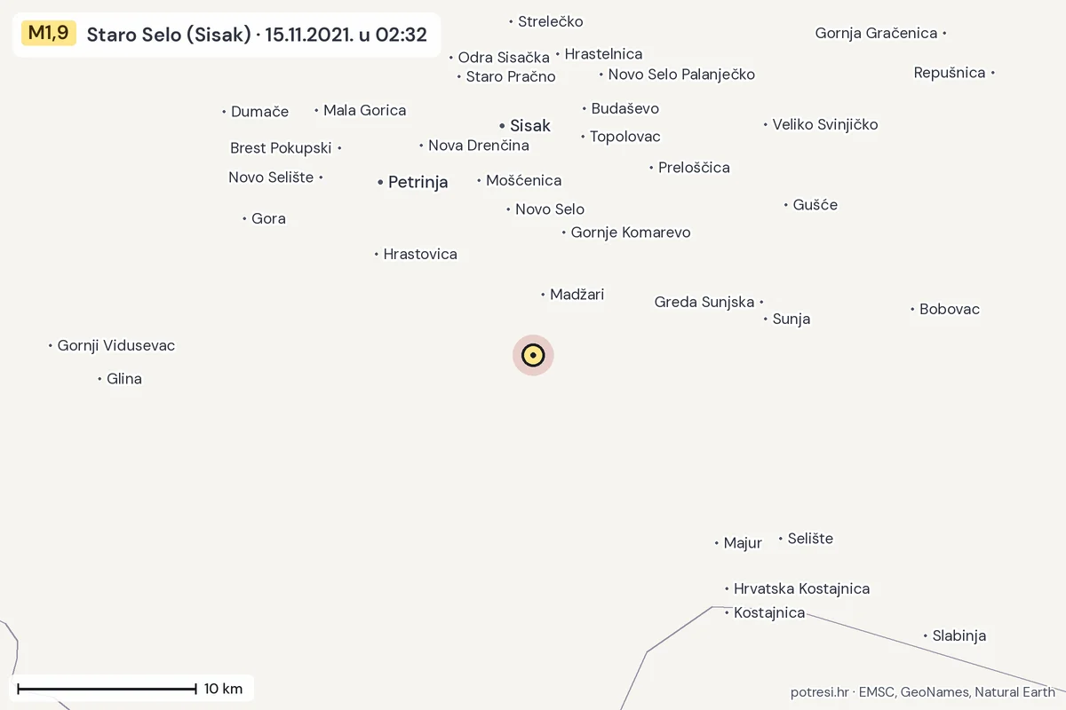 Karta: okolica epicentra, 60 km, potres M1,9, Staro Selo (Sisak), 15.11.2021.