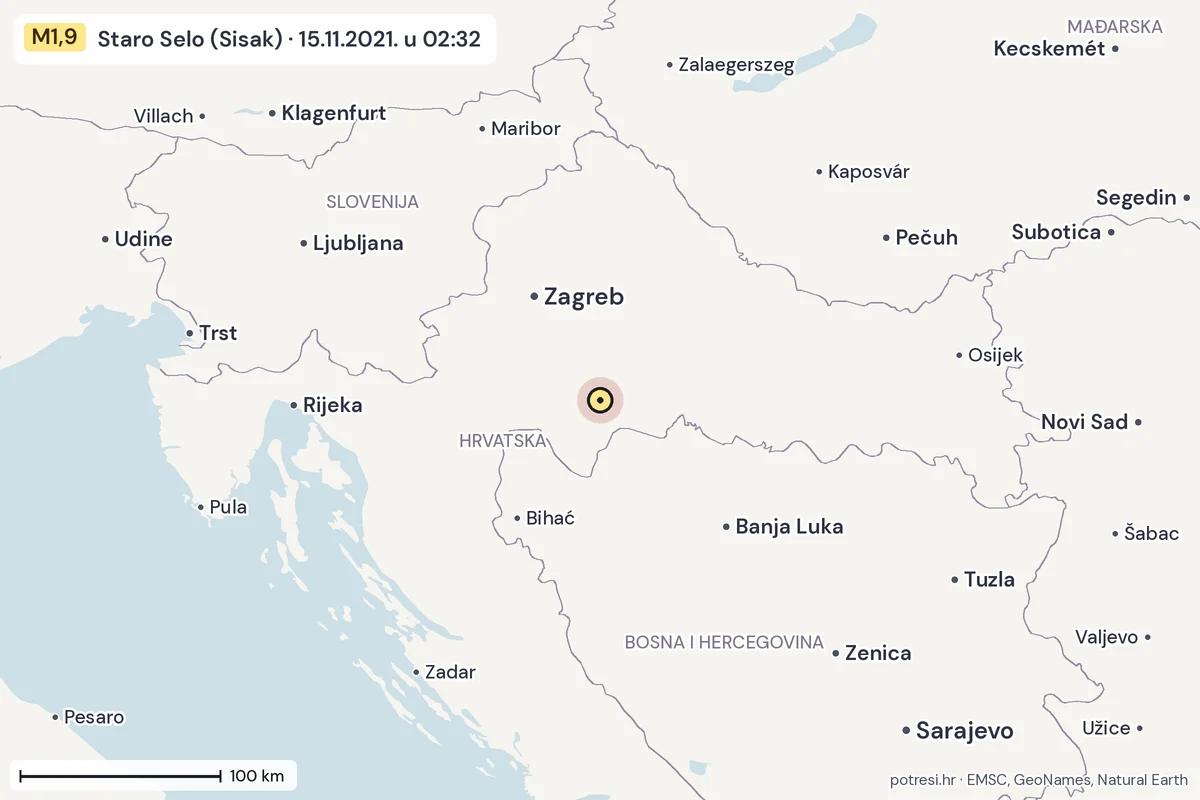 Karta: šire područje, 600 km, potres M1,9, Staro Selo (Sisak), 15.11.2021.