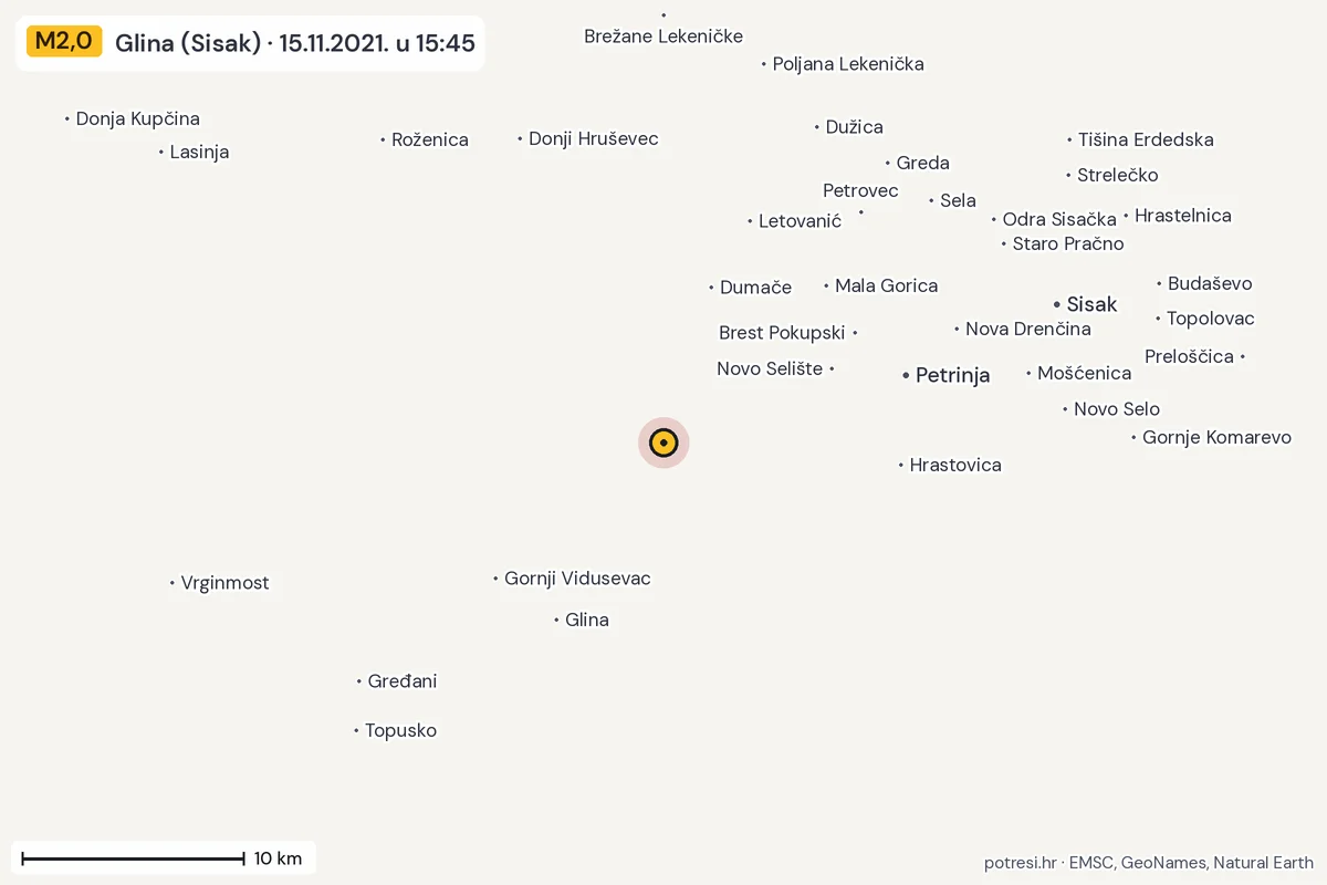 Karta: okolica epicentra, 60 km, potres M2,0, Glina (Sisak), 15.11.2021.