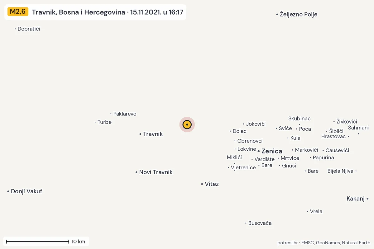 Karta: okolica epicentra, 60 km, potres M2,6, Travnik, Bosna i Hercegovina, 15.11.2021.