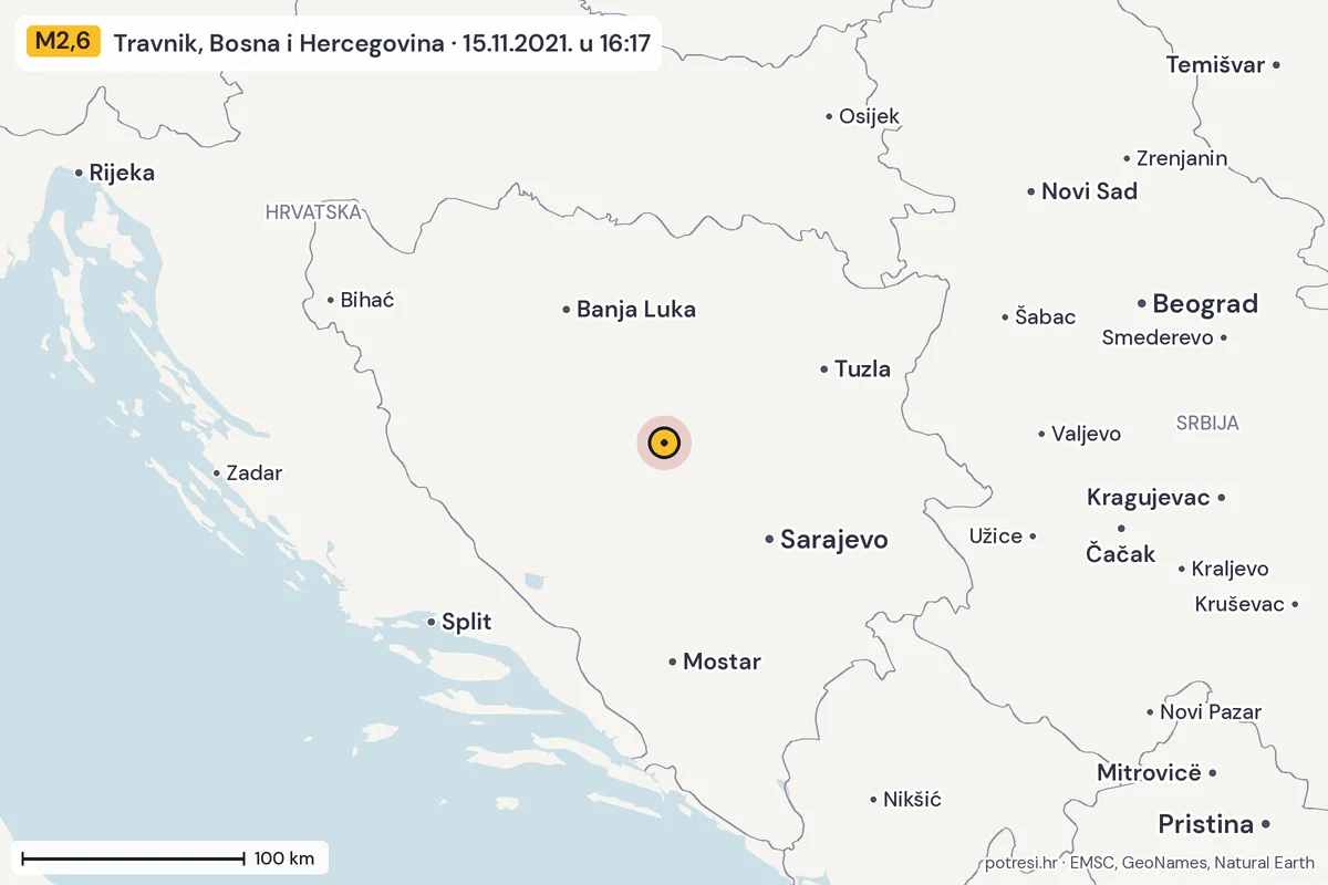 Karta: šire područje, 600 km, potres M2,6, Travnik, Bosna i Hercegovina, 15.11.2021.