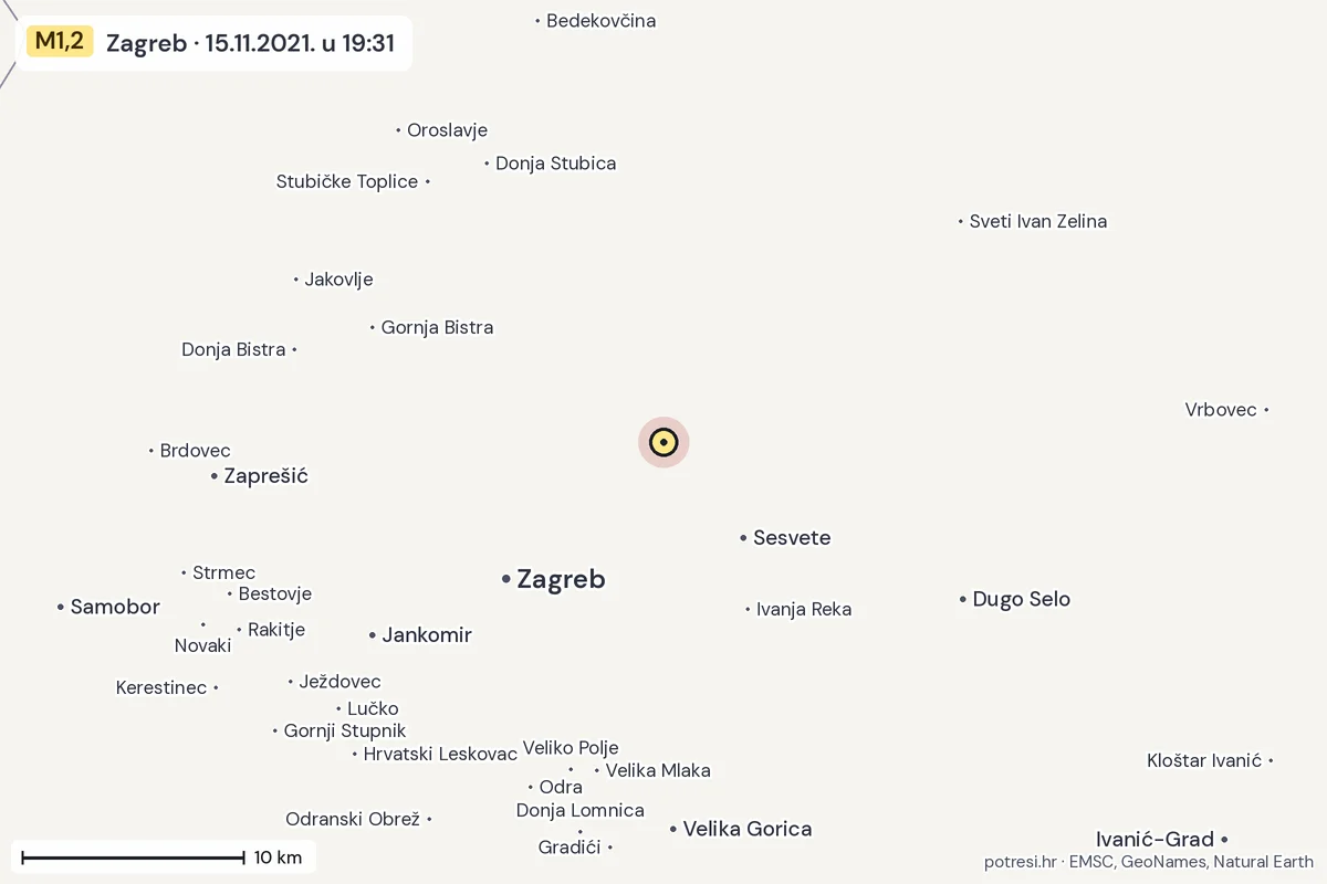 Karta: okolica epicentra, 60 km, potres M1,2, Zagreb, 15.11.2021.