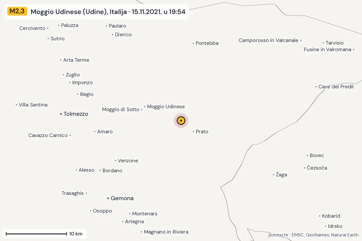 Karta: okolica epicentra, 60 km, potres M2,3, Moggio Udinese (Udine), Italija, 15.11.2021.