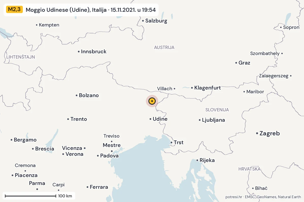 Karta: šire područje, 600 km, potres M2,3, Moggio Udinese (Udine), Italija, 15.11.2021.