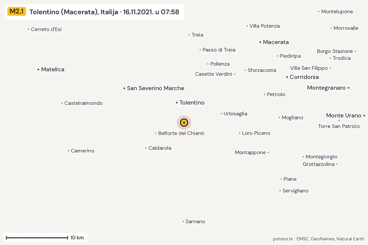 Karta: okolica epicentra, 60 km, potres M2,1, Tolentino (Macerata), Italija, 16.11.2021.