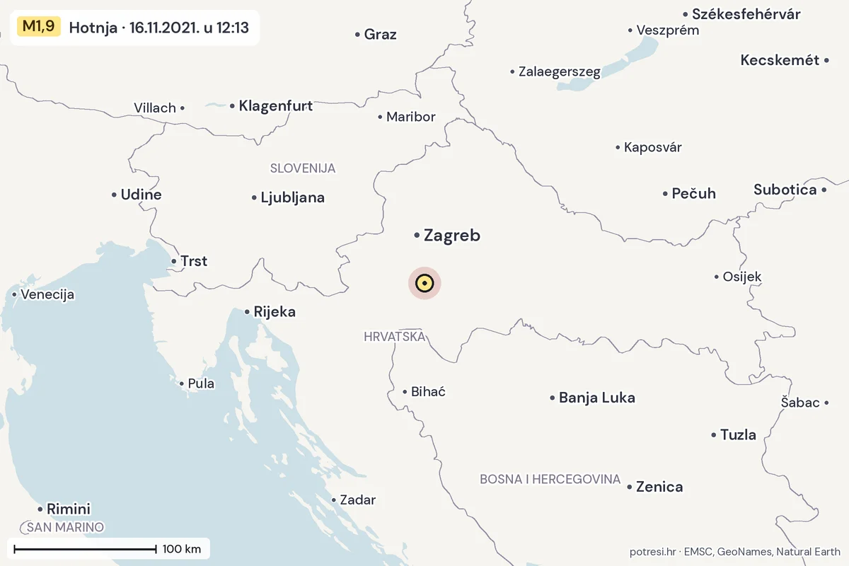Karta: šire područje, 600 km, potres M1,9, Hotnja, 16.11.2021.