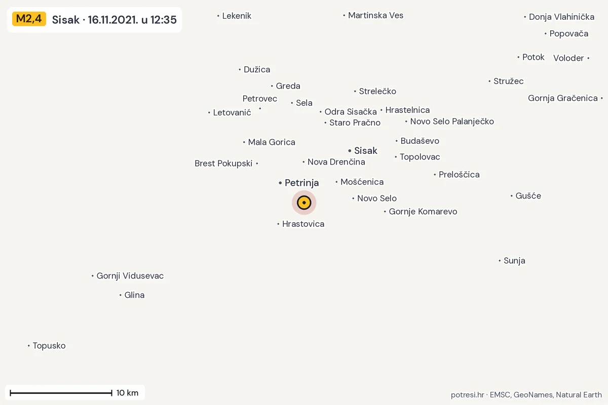 Karta: okolica epicentra, 60 km, potres M2,4, Sisak, 16.11.2021.