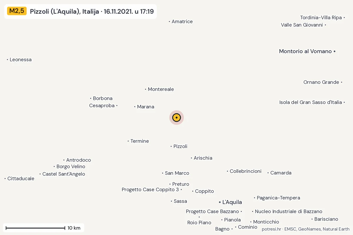 Karta: okolica epicentra, 60 km, potres M2,5, Pizzoli (L'Aquila), Italija, 16.11.2021.
