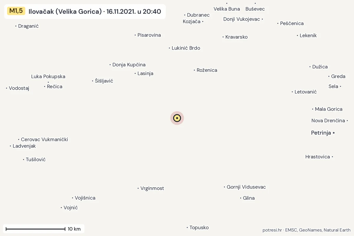 Karta: okolica epicentra, 60 km, potres M1,5, Ilovačak (Velika Gorica), 16.11.2021.