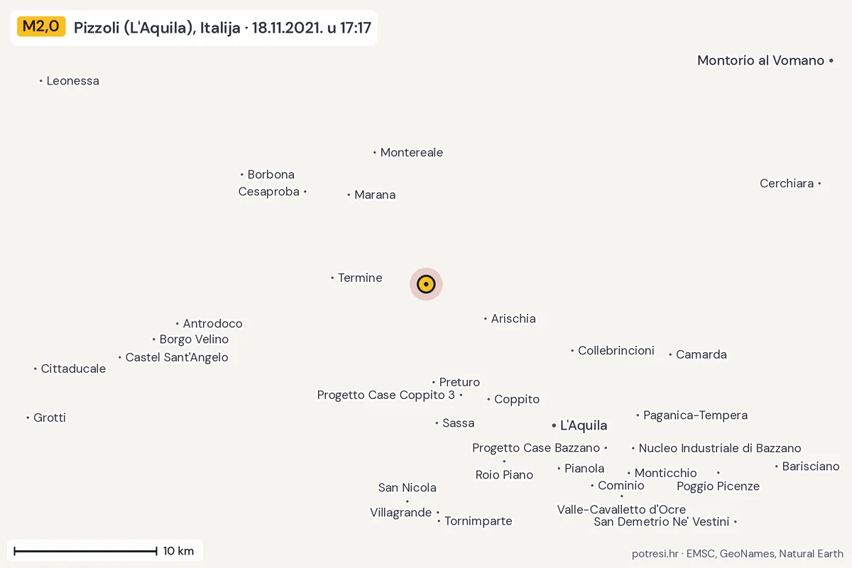 Karta: okolica epicentra, 60 km, potres M2,0, Pizzoli (L'Aquila), Italija, 18.11.2021.