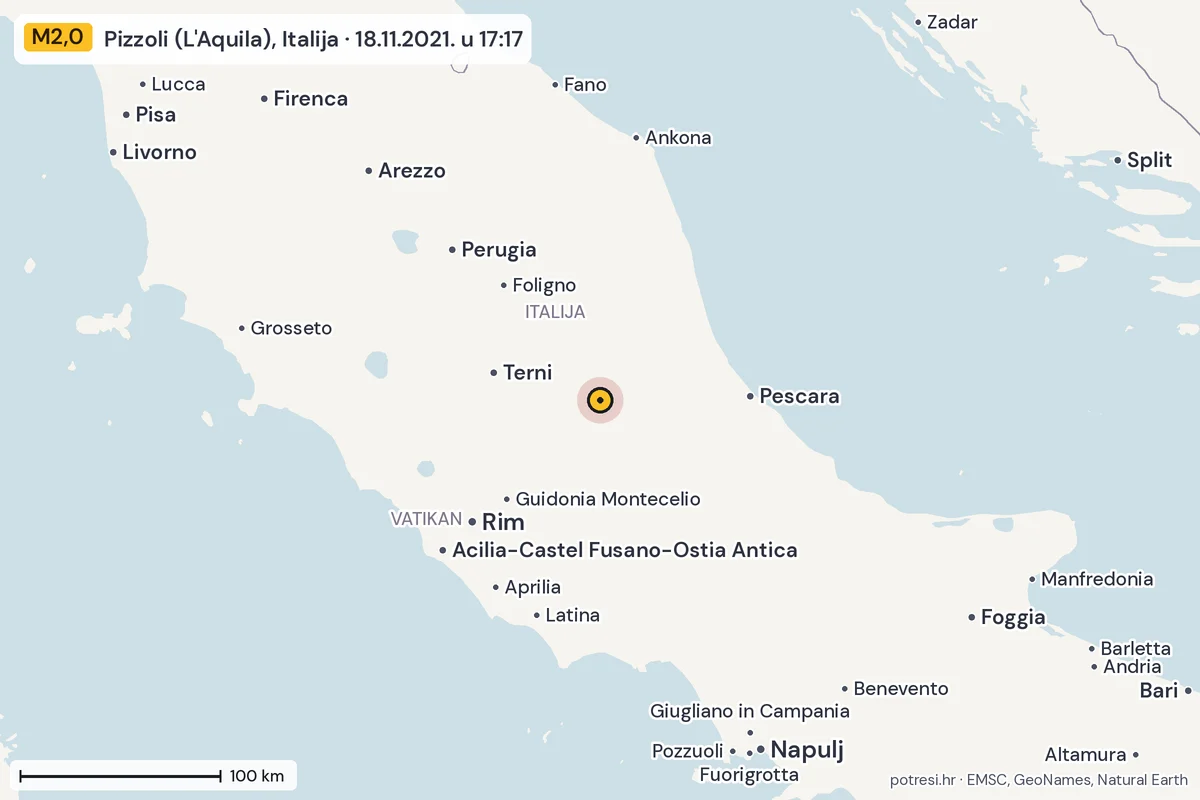 Karta: šire područje, 600 km, potres M2,0, Pizzoli (L'Aquila), Italija, 18.11.2021.