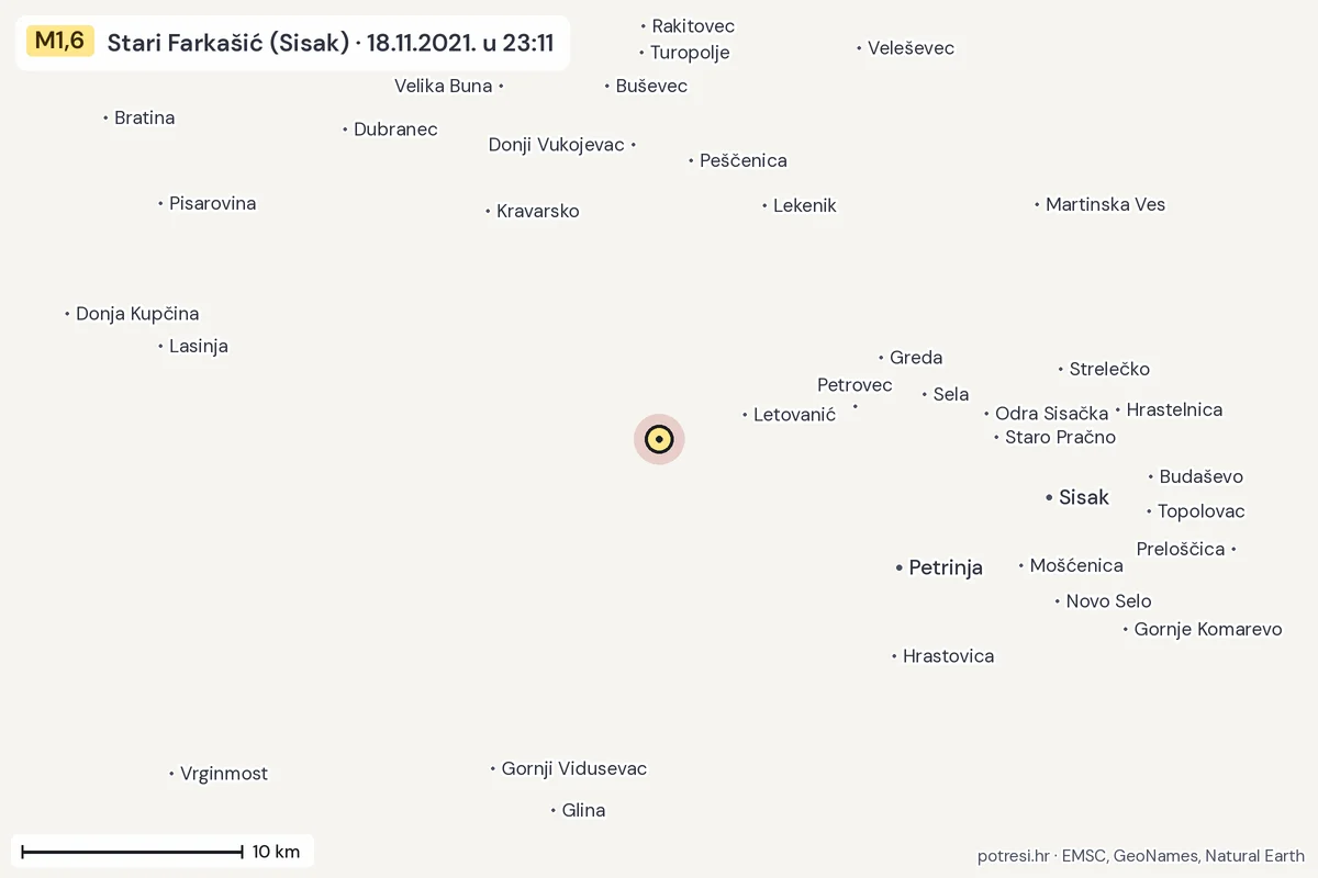 Karta: okolica epicentra, 60 km, potres M1,6, Stari Farkašić (Sisak), 18.11.2021.