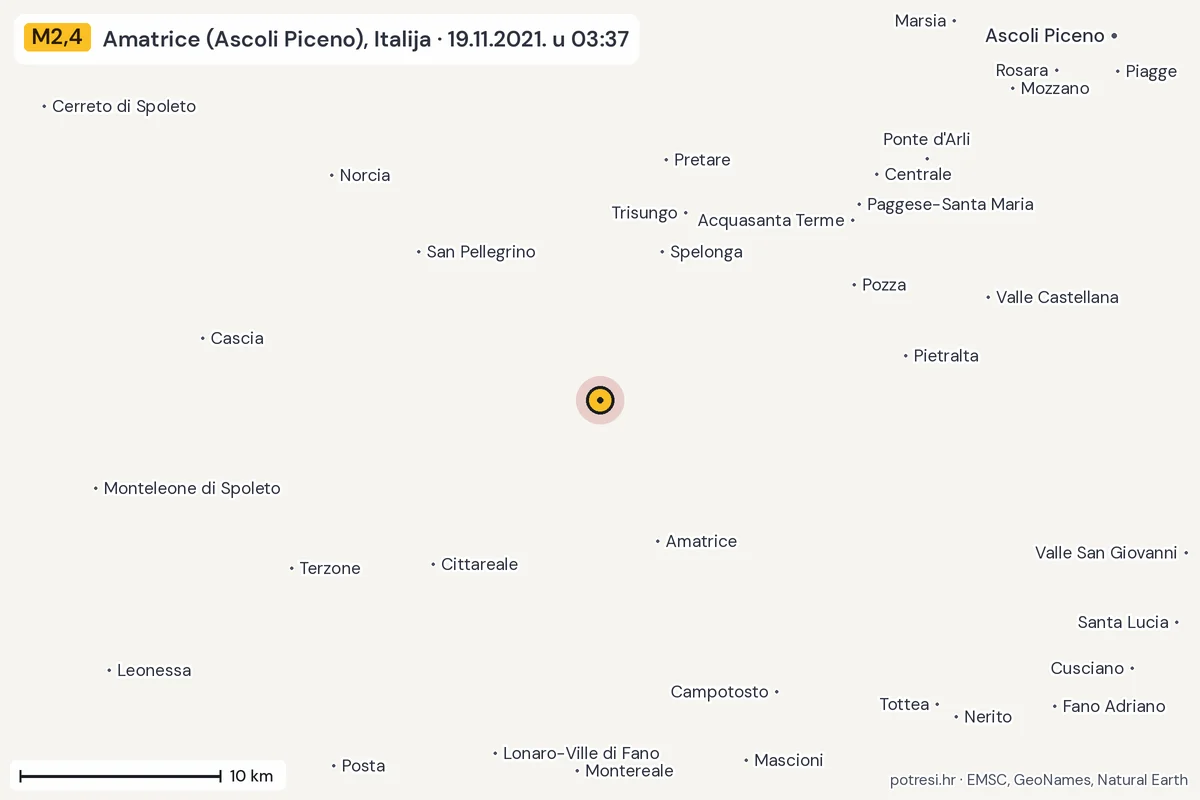 Karta: okolica epicentra, 60 km, potres M2,4, Amatrice (Ascoli Piceno), Italija, 19.11.2021.