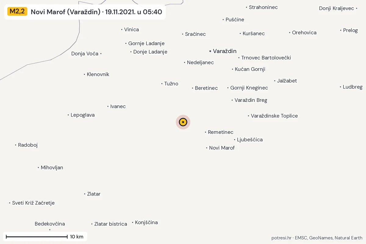 Karta: okolica epicentra, 60 km, potres M2,2, Novi Marof (Varaždin), 19.11.2021.