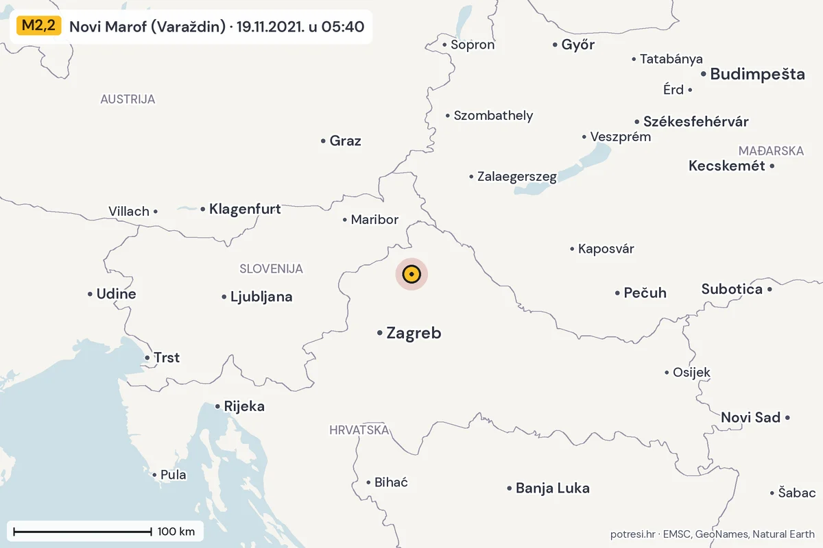 Karta: šire područje, 600 km, potres M2,2, Novi Marof (Varaždin), 19.11.2021.
