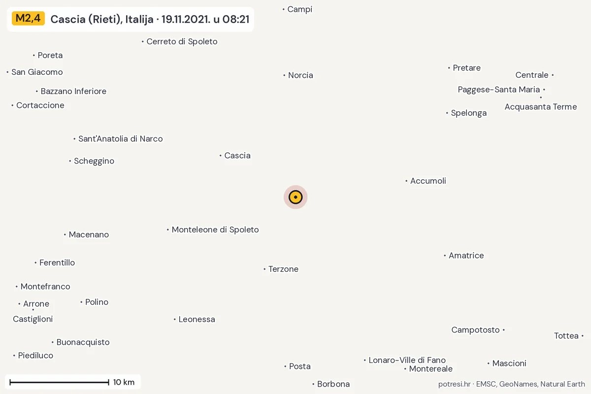 Karta: okolica epicentra, 60 km, potres M2,4, Cascia (Rieti), Italija, 19.11.2021.