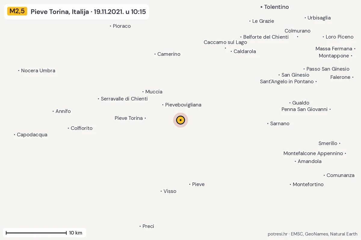 Karta: okolica epicentra, 60 km, potres M2,5, Pieve Torina, Italija, 19.11.2021.
