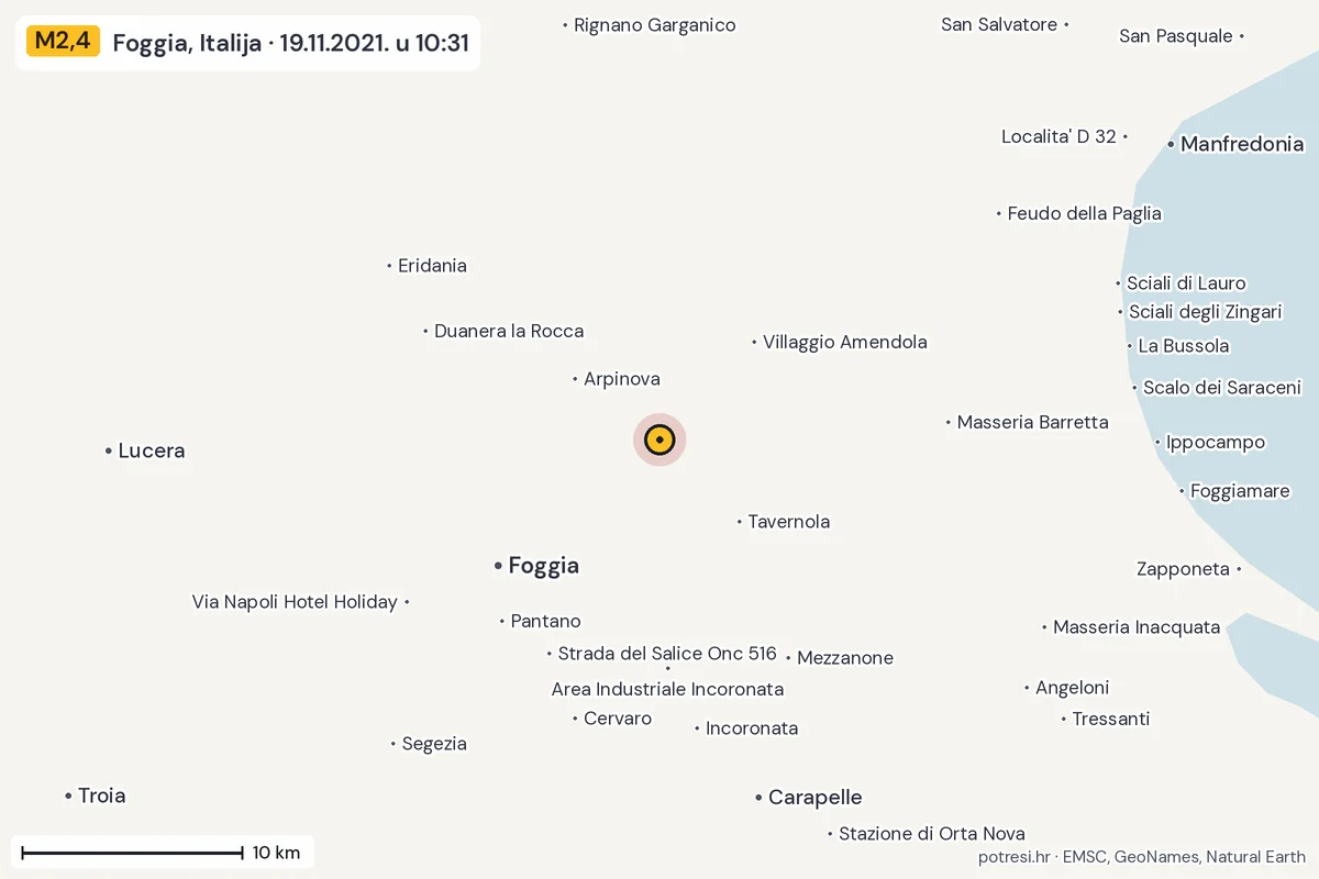 Karta: okolica epicentra, 60 km, potres M2,4, Foggia, Italija, 19.11.2021.