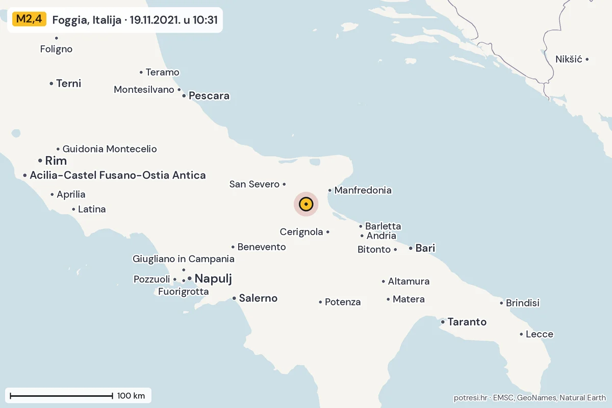 Karta: šire područje, 600 km, potres M2,4, Foggia, Italija, 19.11.2021.