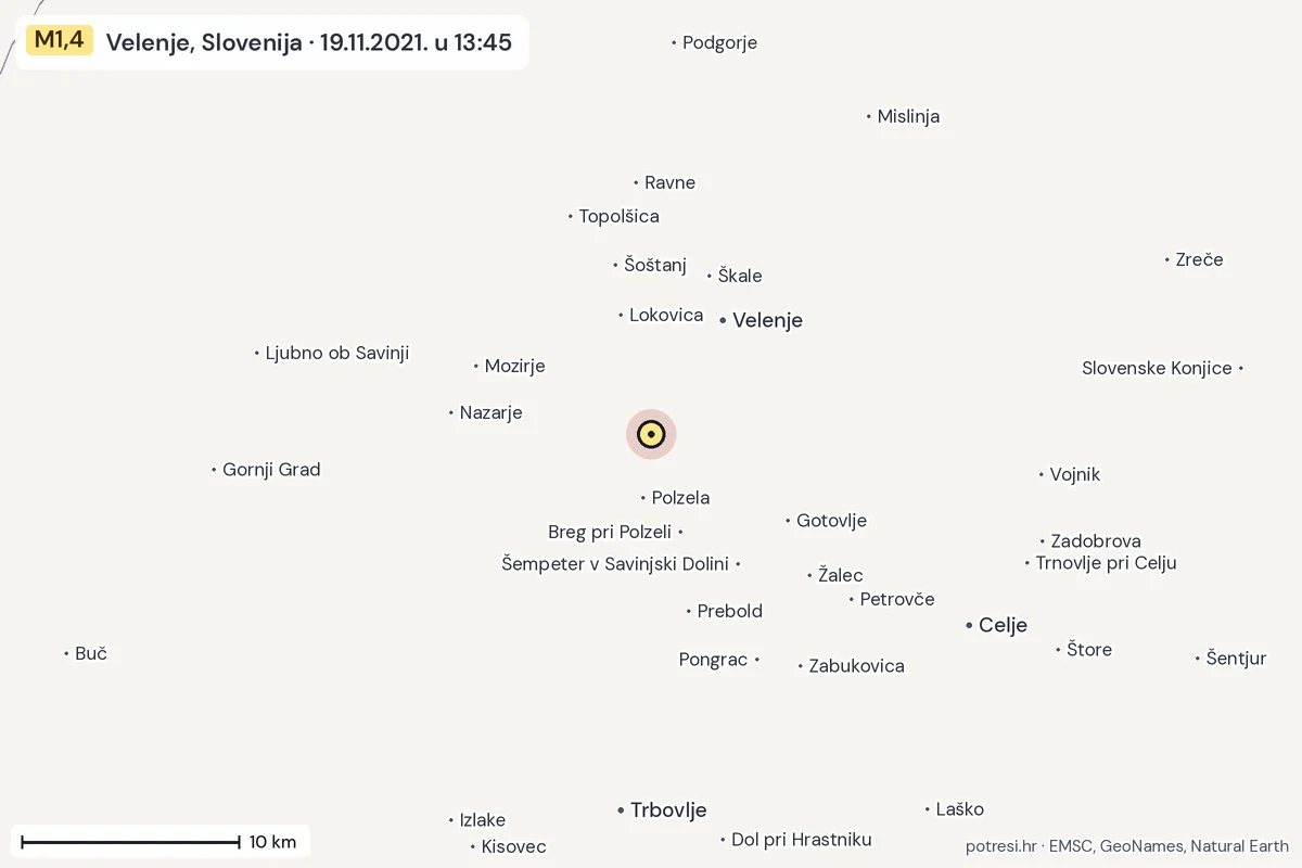 Karta: okolica epicentra, 60 km, potres M1,4, Velenje, Slovenija, 19.11.2021.
