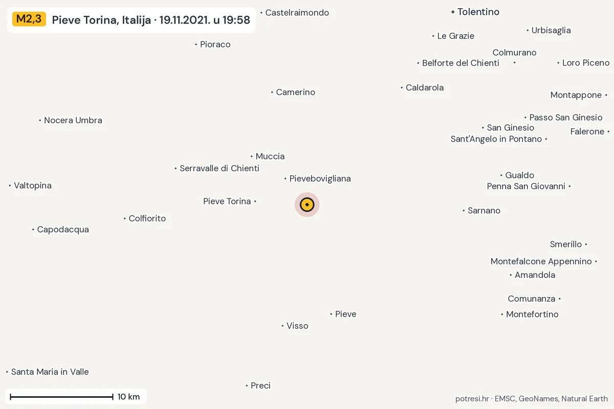 Karta: okolica epicentra, 60 km, potres M2,3, Pieve Torina, Italija, 19.11.2021.