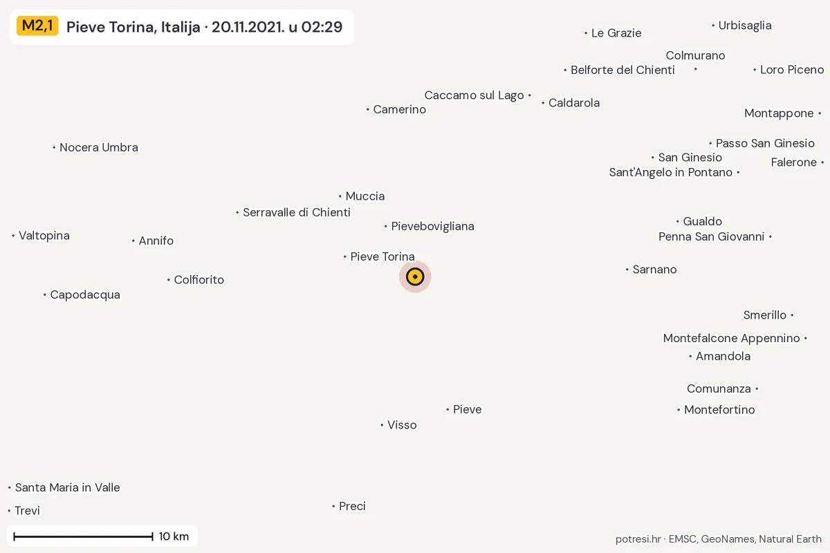Karta: okolica epicentra, 60 km, potres M2,1, Pieve Torina, Italija, 20.11.2021.