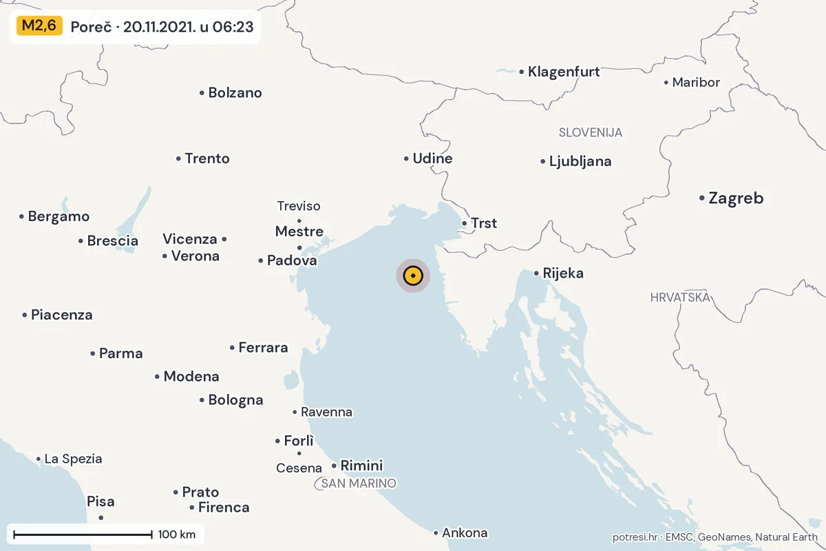 Karta: šire područje, 600 km, potres M2,6, Poreč, 20.11.2021.