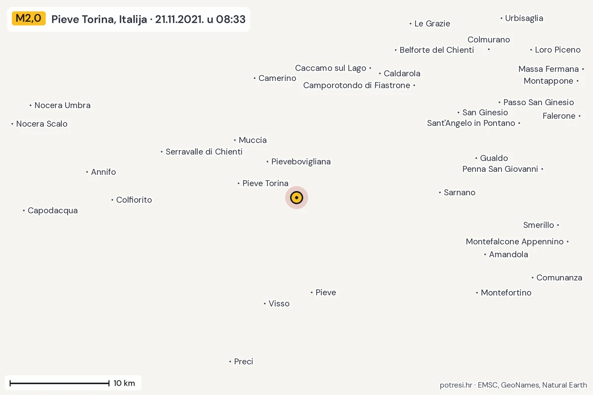 Karta: okolica epicentra, 60 km, potres M2,0, Pieve Torina, Italija, 21.11.2021.