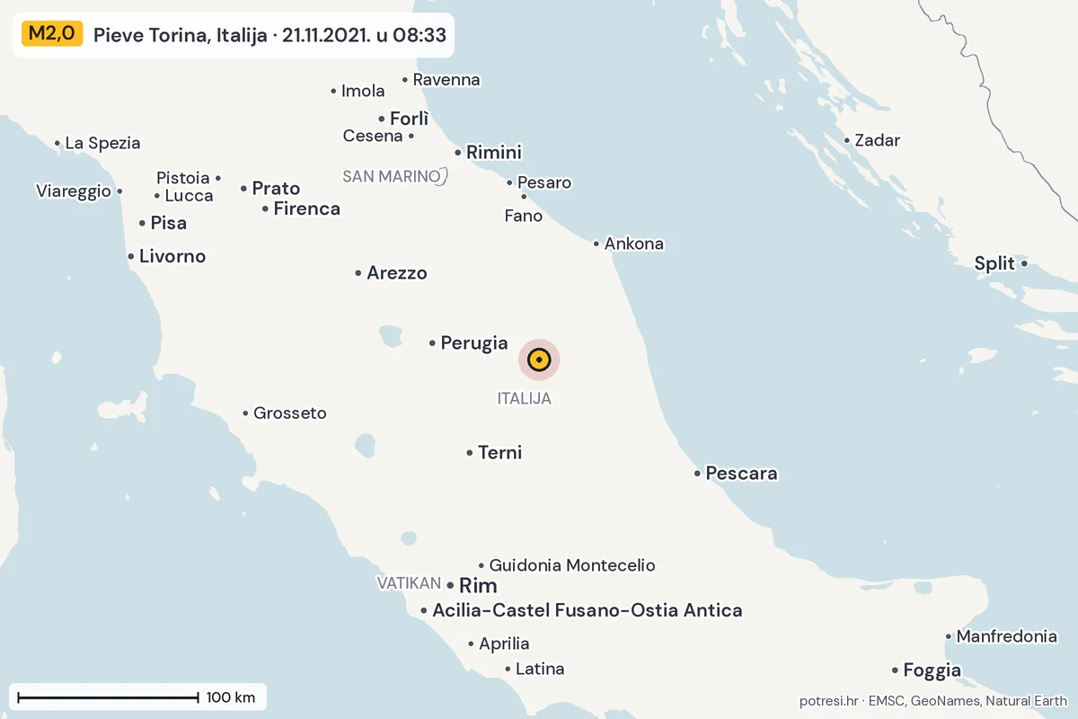 Karta: šire područje, 600 km, potres M2,0, Pieve Torina, Italija, 21.11.2021.