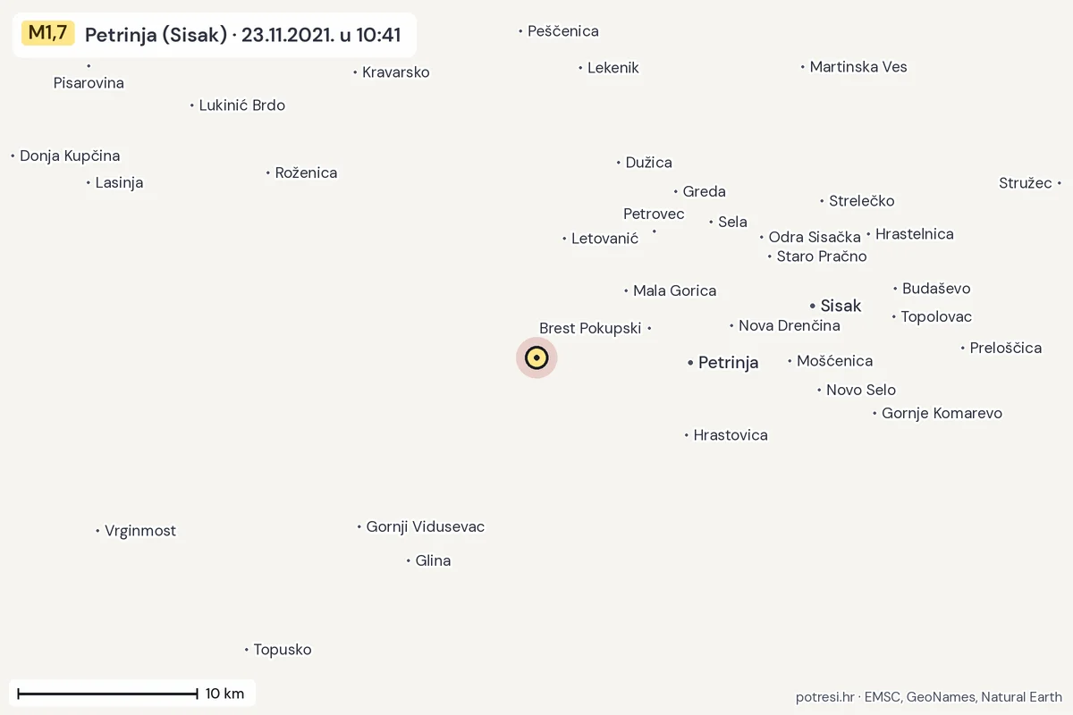 Karta: okolica epicentra, 60 km, potres M1,7, Petrinja (Sisak), 23.11.2021.