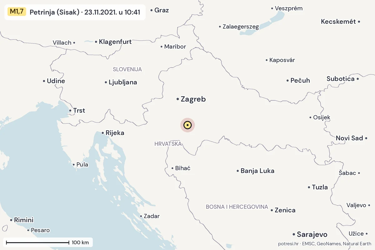 Karta: šire područje, 600 km, potres M1,7, Petrinja (Sisak), 23.11.2021.