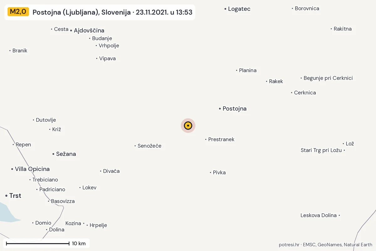 Karta: okolica epicentra, 60 km, potres M2,0, Postojna (Ljubljana), Slovenija, 23.11.2021.