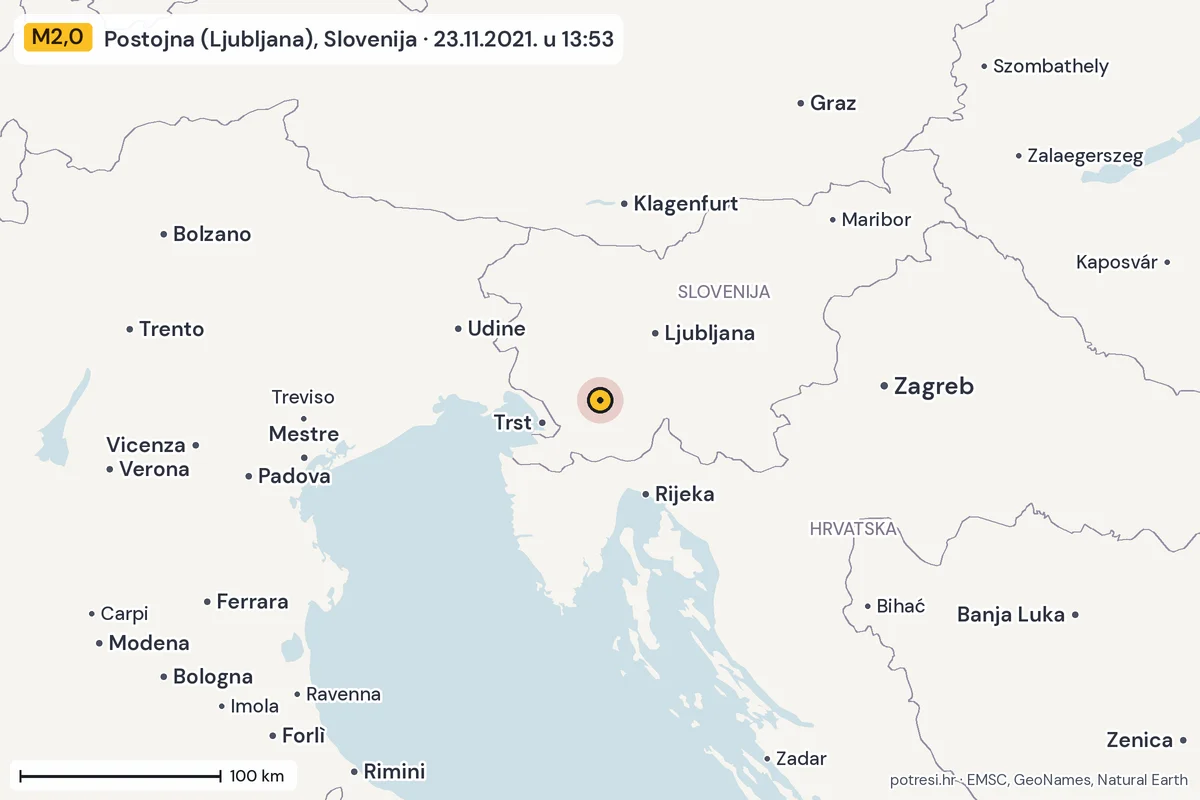 Karta: šire područje, 600 km, potres M2,0, Postojna (Ljubljana), Slovenija, 23.11.2021.
