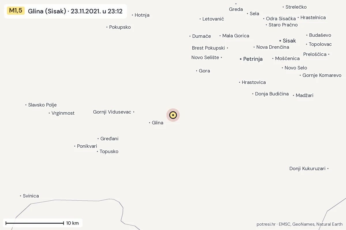 Karta: okolica epicentra, 60 km, potres M1,5, Glina (Sisak), 23.11.2021.