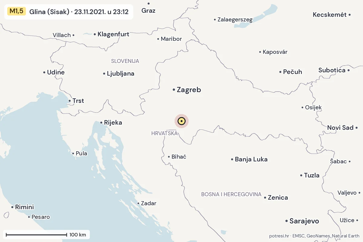 Karta: šire područje, 600 km, potres M1,5, Glina (Sisak), 23.11.2021.