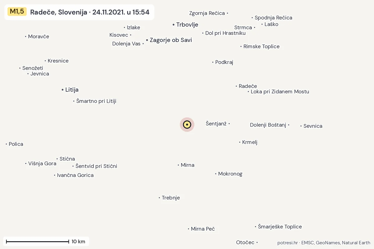 Karta: okolica epicentra, 60 km, potres M1,5, Radeče, Slovenija, 24.11.2021.