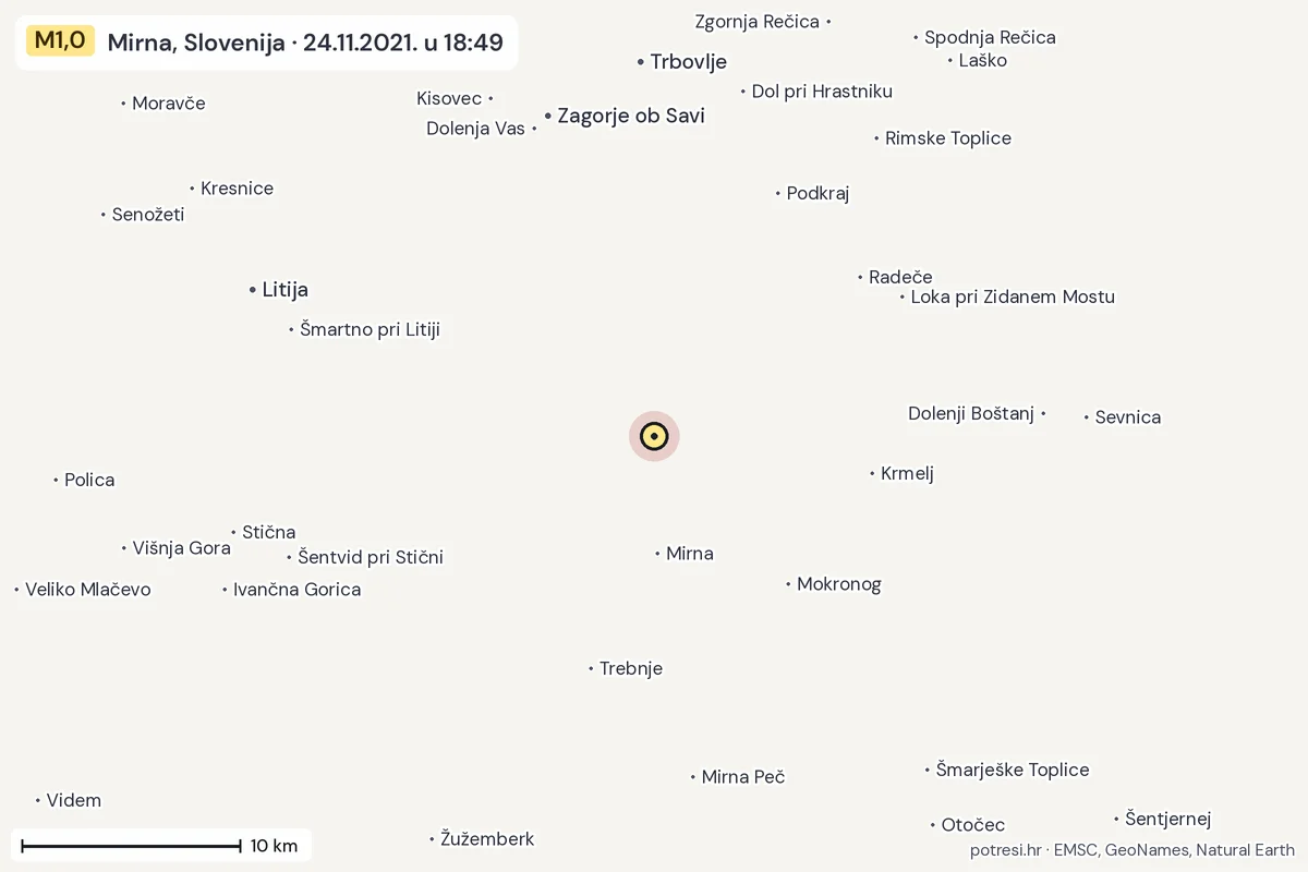 Karta: okolica epicentra, 60 km, potres M1,0, Mirna, Slovenija, 24.11.2021.