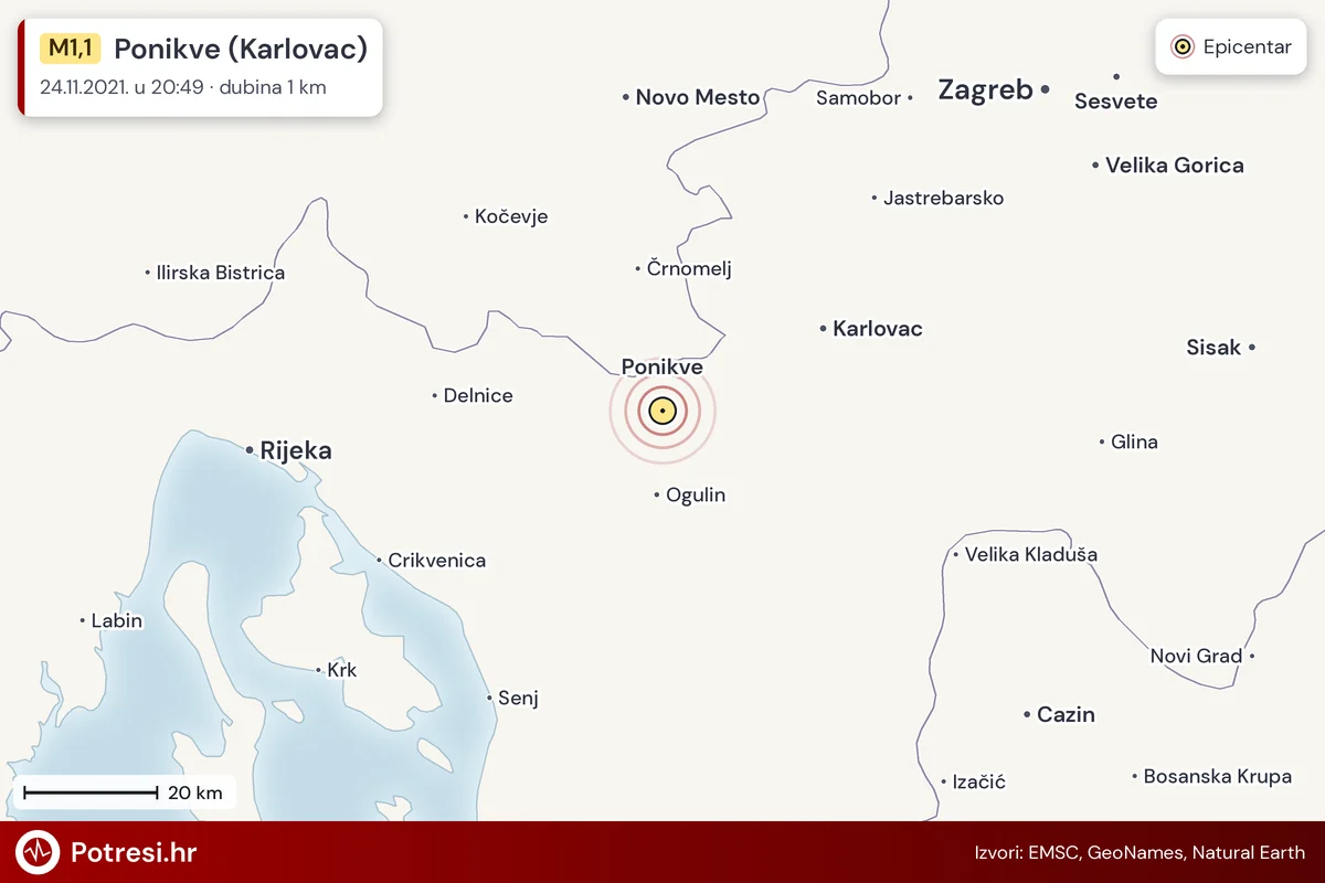 Karta: šire područje i vjerojatni doseg osjeta, potres M1,1, Ponikve (Karlovac), 24.11.2021.