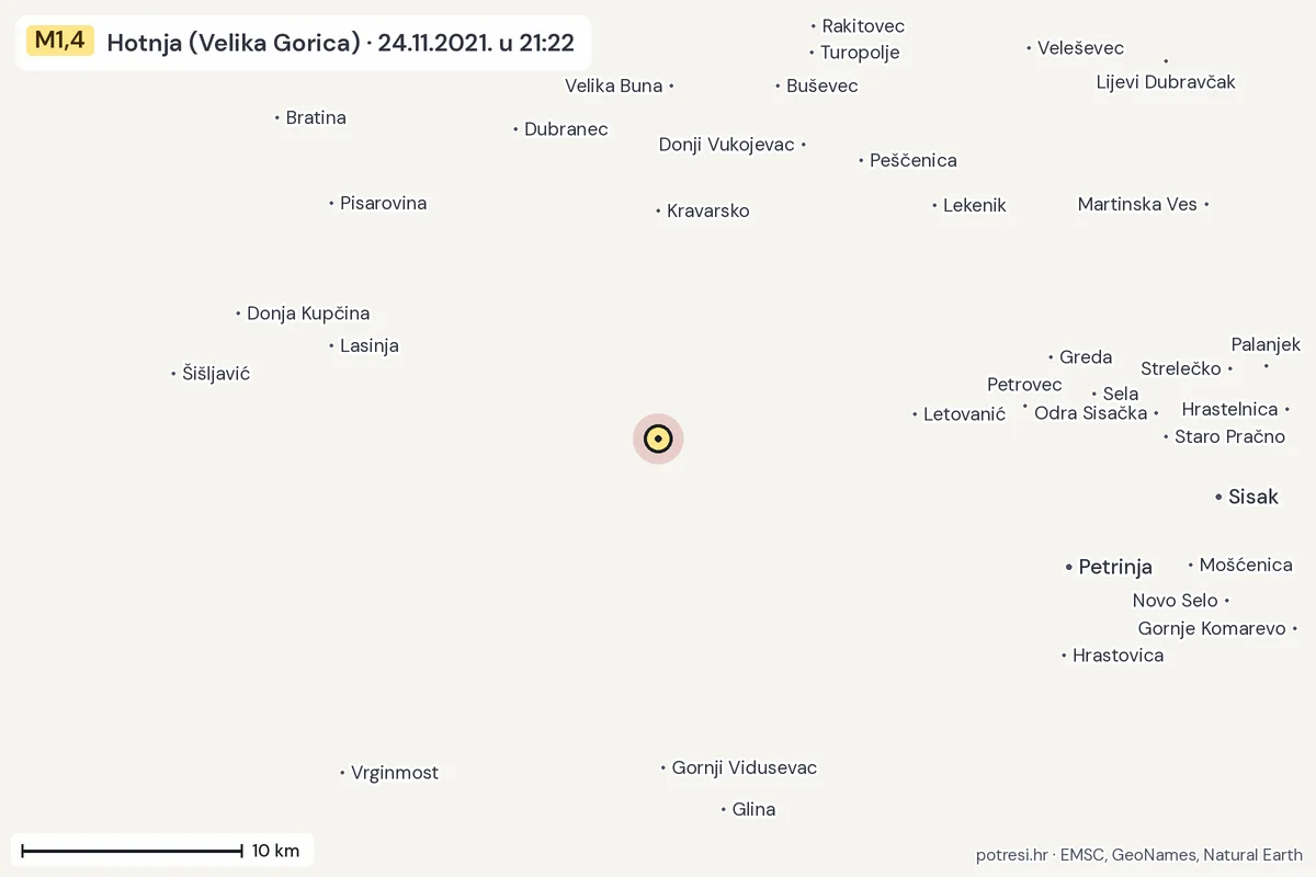 Karta: okolica epicentra, 60 km, potres M1,4, Hotnja (Velika Gorica), 24.11.2021.