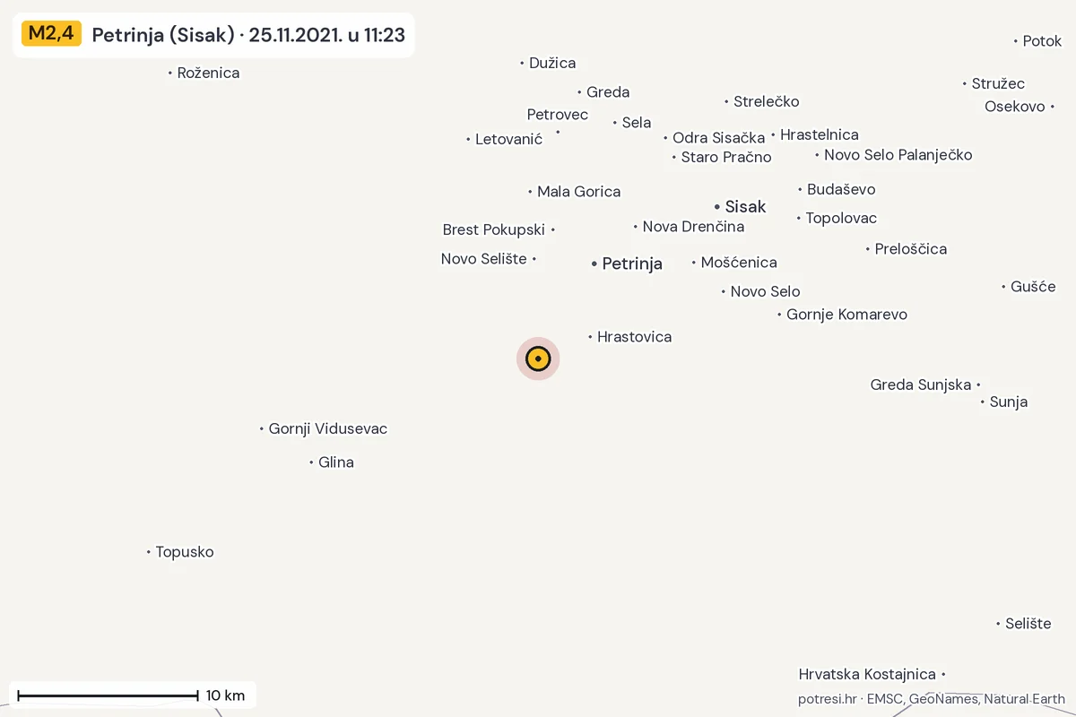 Karta: okolica epicentra, 60 km, potres M2,4, Petrinja (Sisak), 25.11.2021.