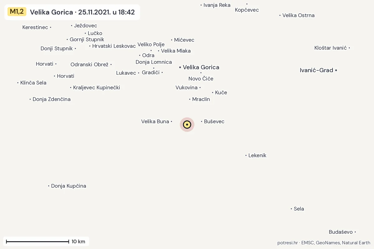 Karta: okolica epicentra, 60 km, potres M1,2, Velika Gorica, 25.11.2021.