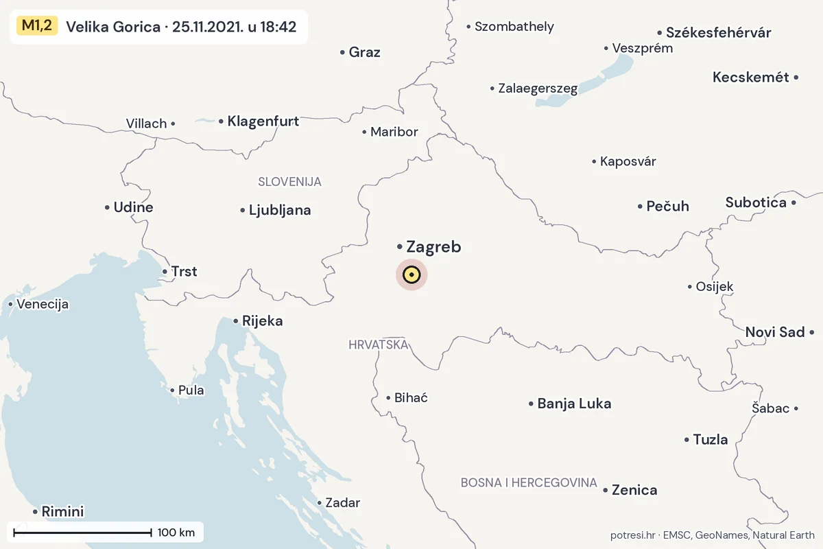 Karta: šire područje, 600 km, potres M1,2, Velika Gorica, 25.11.2021.