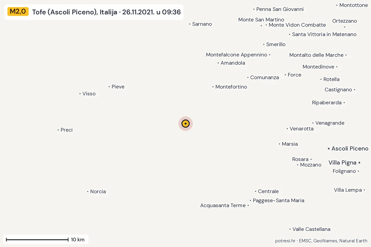 Karta: okolica epicentra, 60 km, potres M2,0, Tofe (Ascoli Piceno), Italija, 26.11.2021.