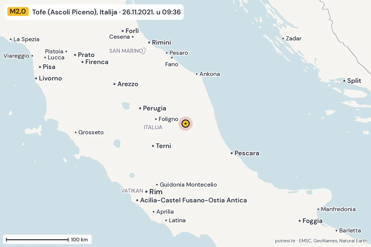 Karta: šire područje, 600 km, potres M2,0, Tofe (Ascoli Piceno), Italija, 26.11.2021.